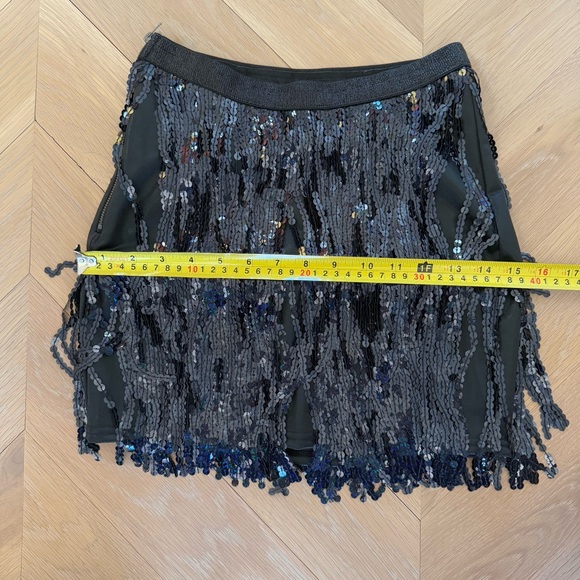 Black & Blue Sequin Fringe over Black Vegan Leather Mini Skirt Size 0-2 - Picture 8 of 9